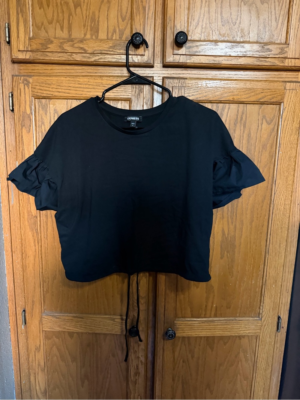 Express Black Ruffle Sleeve Cropped Tee Top